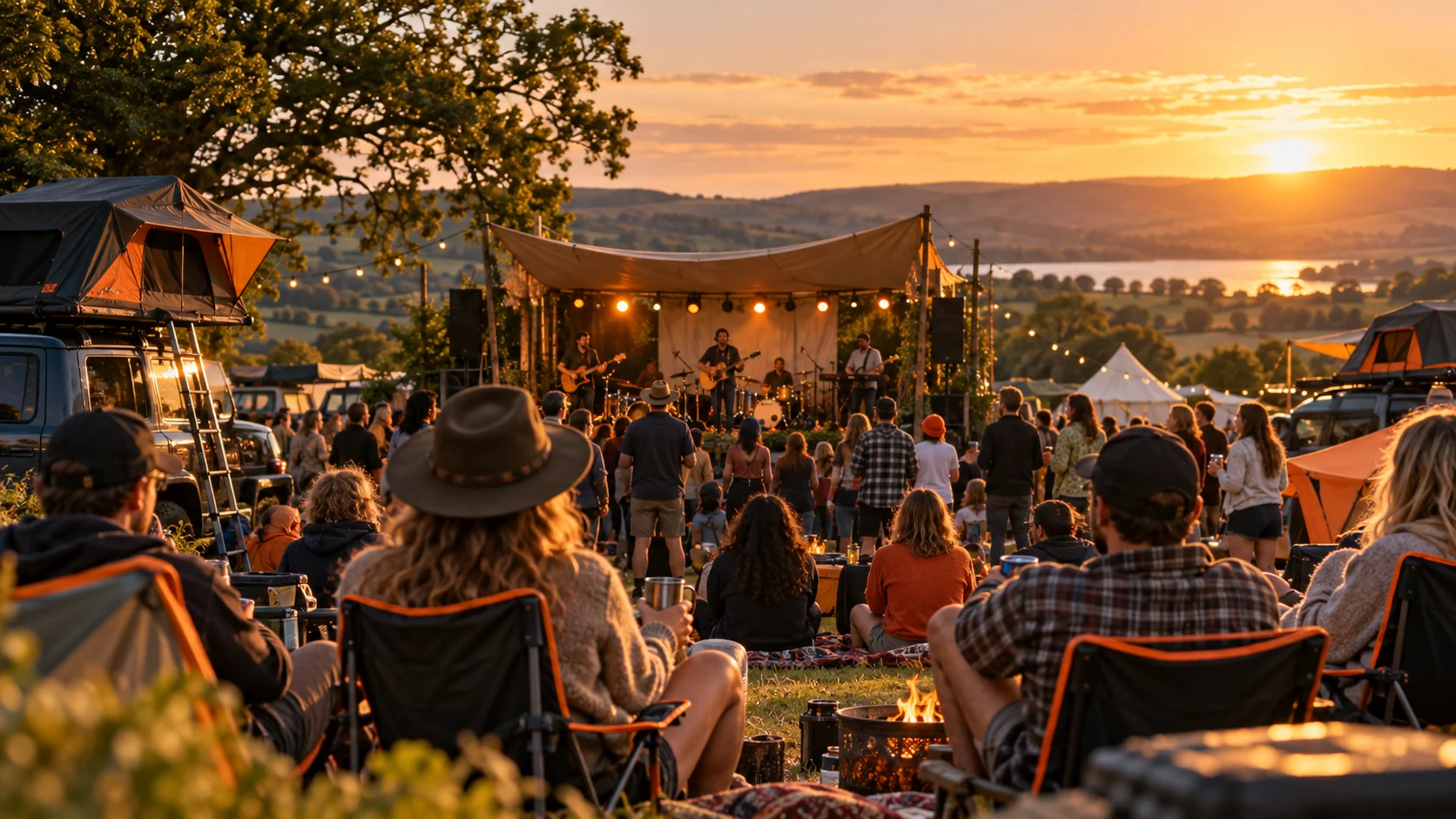 A small outdoor live-music stage with campers watching at sunset