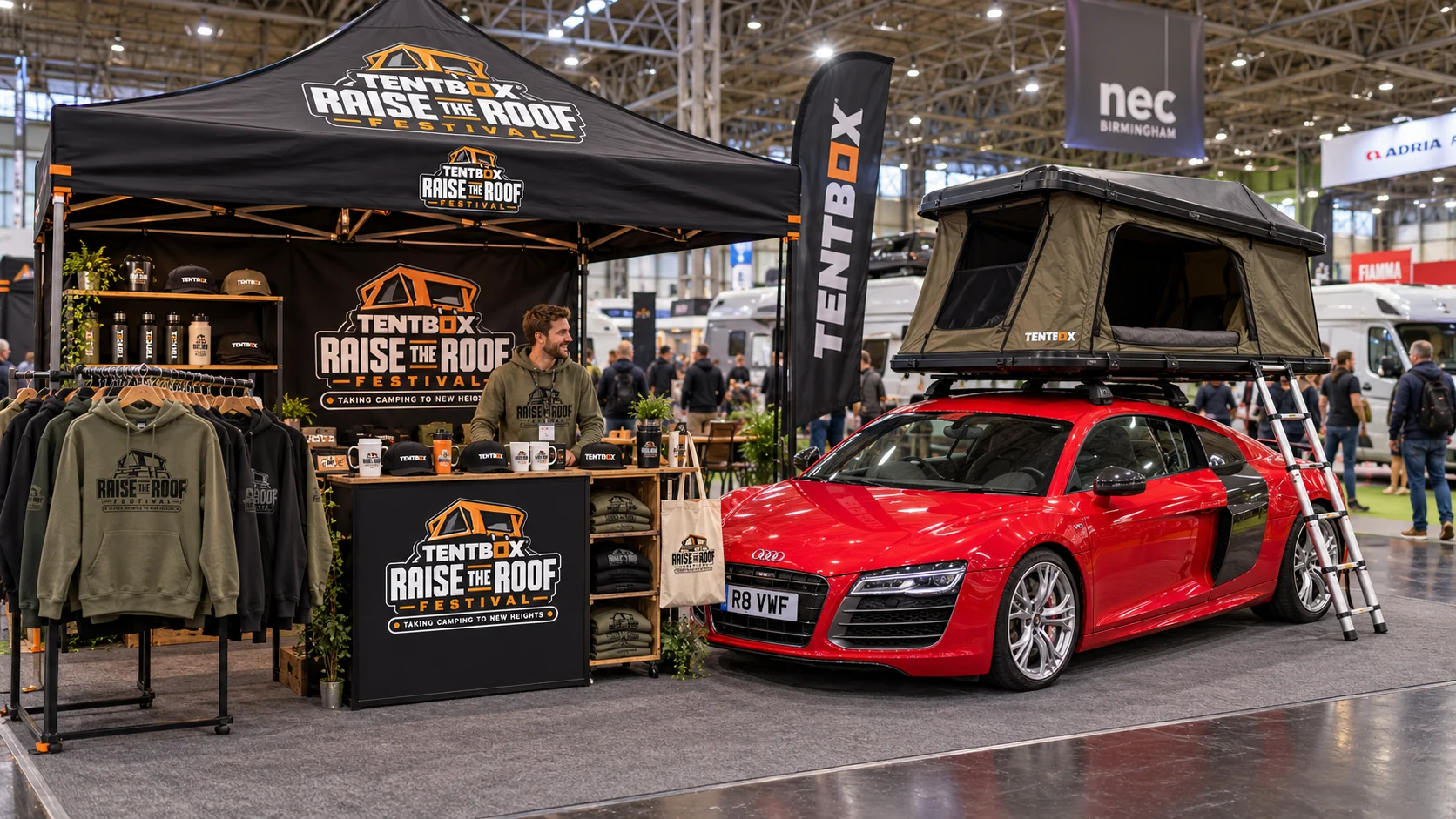 Supplied concept of a Raise the Roof exhibition stand and an Audi R8 with a rooftop tent