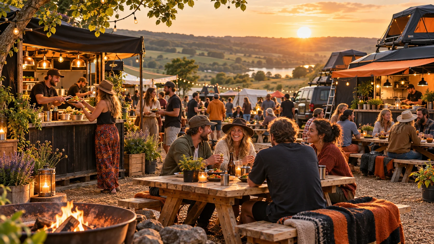 A relaxed street-food village at a countryside camping festival