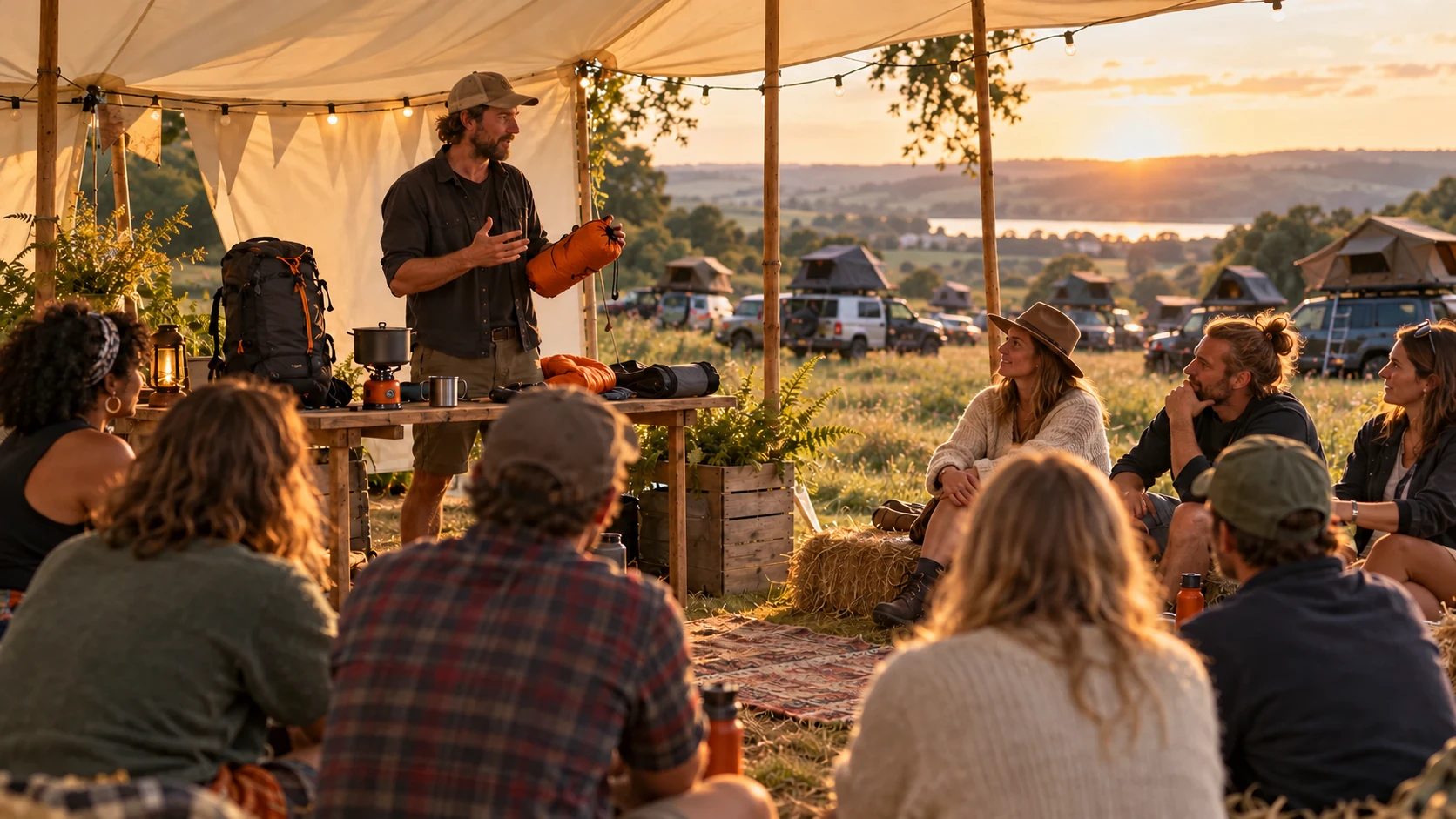 An outdoor camping talk inside an open-sided canvas marquee